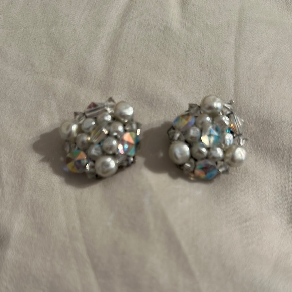 Jewelry - Vintage Aurora Borealis Elegant Silver and White Pearl Earrings 1940’s